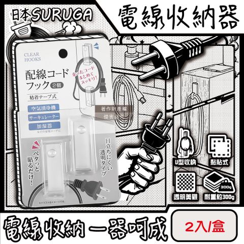 日本SURUGA-黏貼式U型理線掛鉤電線收納器-透明固定款2入/盒