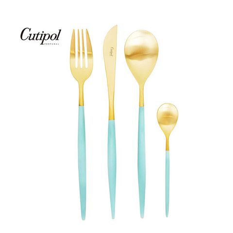 葡萄牙Cutipol MIO系列-蒂芬妮藍金霧面不銹鋼-21.5cm主餐刀叉匙12cm咖啡匙-4件組