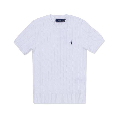 Polo Ralph Lauren RL 圓領熱銷刺繡小馬麻花針織毛衣(女)-(短袖款)-白色