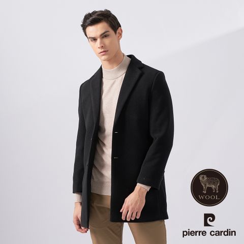 【pierre cardin 皮爾卡登】男款 羊毛混紡鋪棉中長款毛呢大衣外套-黑色 (5225773-99)